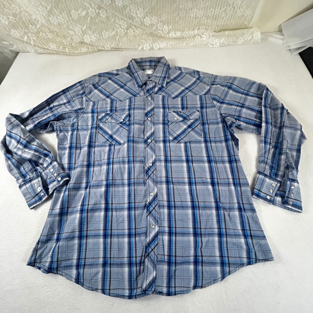 Wrangler Wrancher Western Shirt Mens XL Blue Plaid Pearl Snap MTW1256 Cowboy